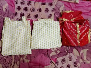 Cream & Red Salwar Kameez Suit Set