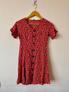 Red Flared Mini Dress - Floral Design