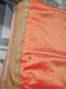 Peach Saree with Gold &amp; Blue Embroidery