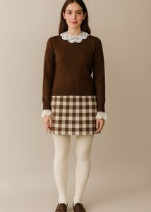 Imported Brown Sweater Top with Lace Collar