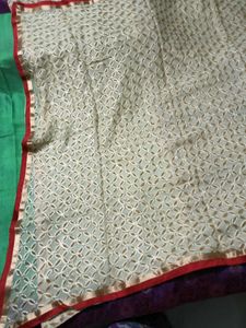 GoldenBeige Patterned Dupatta- Red&amp;Gold lace borde