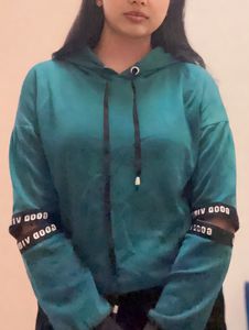 Peacock Blue Cut Sleeves Hoodie