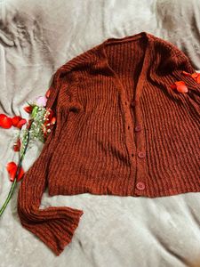 Rust Ribbed Cropped Cardigan