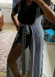 White And Blue Strips Long Shrug