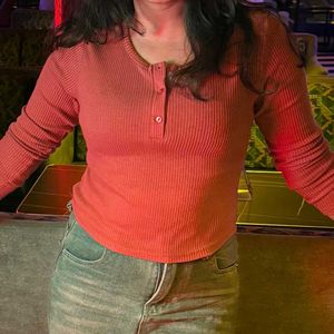 Pink Ribbed Henley Top