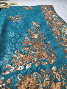 Teal &amp; Gold Embroidered Saree