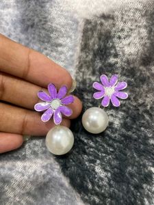 Purple Flower Pearl Drop Earrings