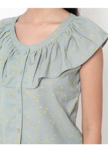 Rio Printed Button Down Top With Ruffles