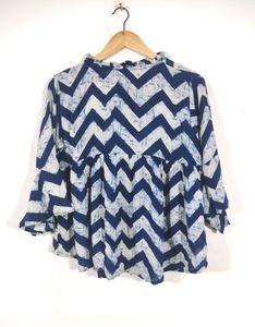 Navy Blue Printed Bell Sleeves Western Top (Women)