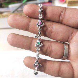 Pure Silver Antique Oxidised Pink&amp;Green CZ Bracele