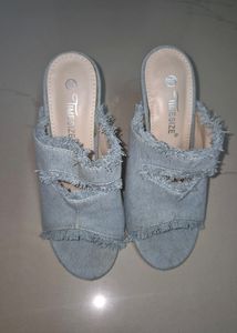 Denim Glass Heels. On Sale