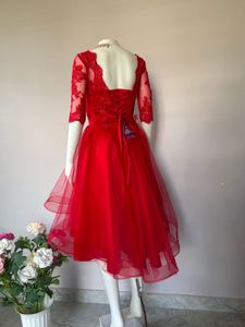 red lace high low party gown