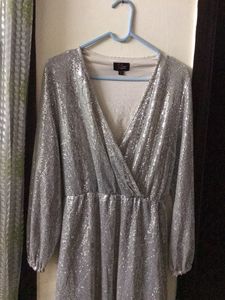 Stretchy Shiny Silver Dress Size M