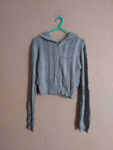 Grey Knit Zip-Up Hoodie