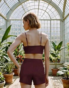 Sleeveless Ribbed Wine Crop Cami Top with Short