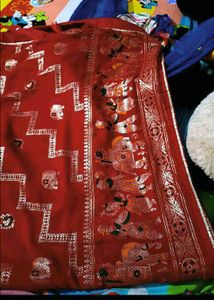 New Zari Red Saree with attached blouse piece