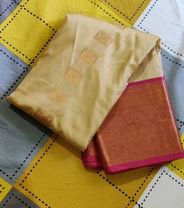 Brand New Silk Saree Cream Color With Pink Border
