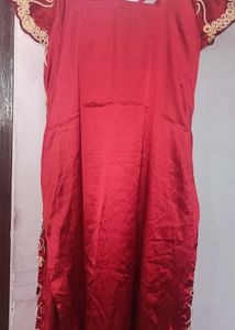 Embroidery Maroon Satin Kurta Set