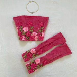 3D Rose Satin Corset Tube Top with Net Gloves