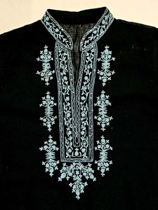 Pure Linen Short Kurti Hand Embroidery Blac