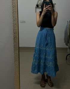 Linen Blue Embroidered A-Line Skirt
