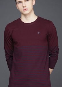 WROGN Men Maroon Navy Striped Slim Fit Round Neck