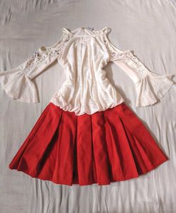 red white lolita pleated lace off shoulder dress