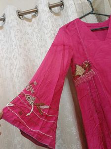 Pink Embroidered Long Kurta and dupatta