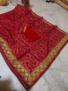 bandhani design Red Embellished Saree