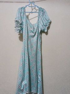 Blue Plaid Puff Sleeve Dress