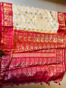 Off White Banarasi Silk Saree With Pink Border