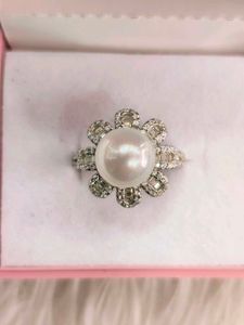 Pearl &amp; Diamond Ring 925 Sterling Silver