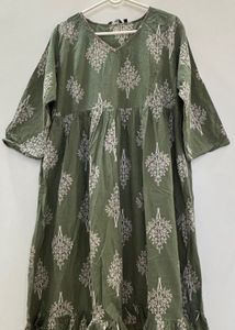 Green Print Cotton Dress/Kurta with Ruffle Hem