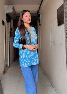 Floral Print Blue Short Kurti