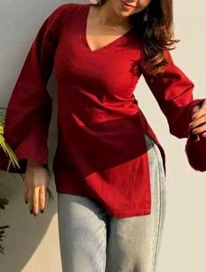 Maroon V-Neck Long Sleeve Kurti