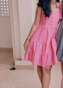 Pink Gingham Tiered Mini Dress