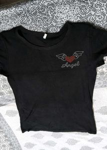 Women Black Cotton Embellished Logo Casual Tshirt