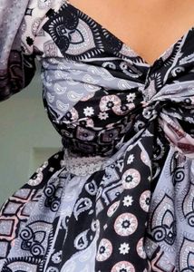 Black, White and Grey patterned puff-sleeve top