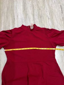 Burgundy Mini Dress with Puff Sleeves &amp; High Neck