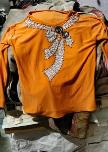 Orange Embellished Long Sleeve Top