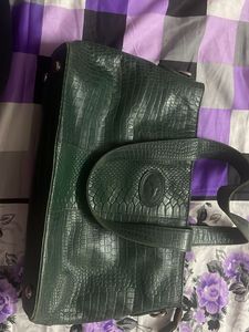 Vintage Green Croc Embossed Leather Shoulder Bag