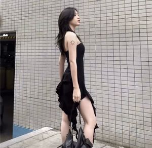 Ruffle tube Chic Black Asymmetrical Dress