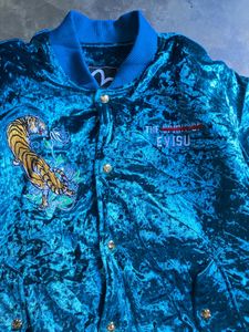 Evisu Blue Velvet Bomber Jacket