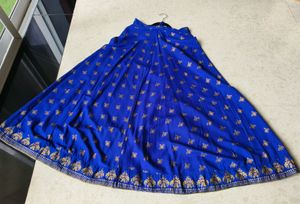 Flared Skirt - Blue And Golden Printed