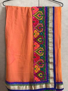 Embroidered Border Orange Pink Ombre Saree