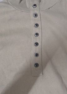 Beige Ribbed Button-Up Top