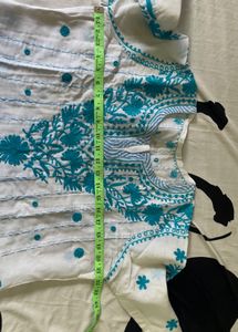 White &amp; Blue Embroidered Kurti Dress