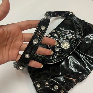 Black Embellished Leather Shoulder Bag