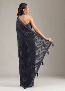 Koskii Navy Blue Floral Stonework Chiffon Saree
