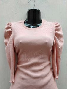 Pearl Puff Sleeve Ribbed Top